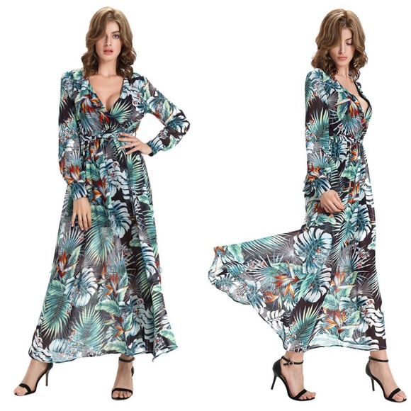 ✨Tropical Print Dress Maxi Surplice Plunge V Neck - Picture 2 of 8
